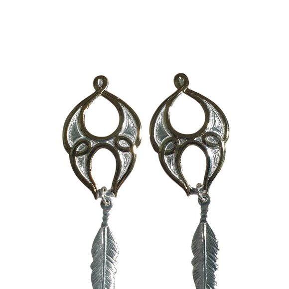 Gold Silver Drop Earrings Feather Dangle Design Stud Boho Chic Pierced Jewelry - Picture 2 of 4